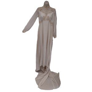 Vintage 70s Ivory Sheer Lace Pleated Puffy Sleeve Wedding Dress Long Train sz M